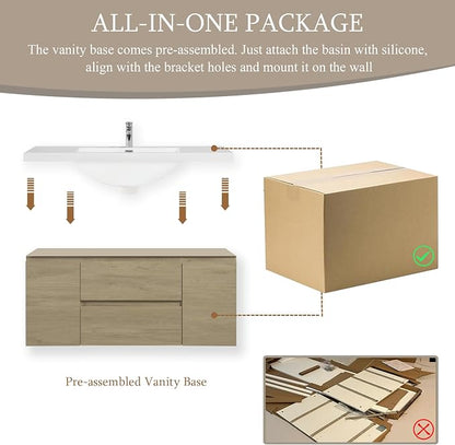 48 Inch Floating Bathroom Vanity with Sink, Large Storage Wall Mounted Floating Vanity with Soft Close Drawers, One-Piece Basin Bathroom Sink Cabinet (Natural Oak, 48")
