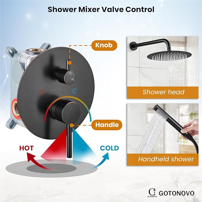 gotonovo Shower System 10 Inch Round Rainfall Showerhead Wall Mounted High Pressure Shower Faucet Set Fixture Combo with Rough in Valve and Cylindrical Handheld Spray, Oil Rubbed Bronze