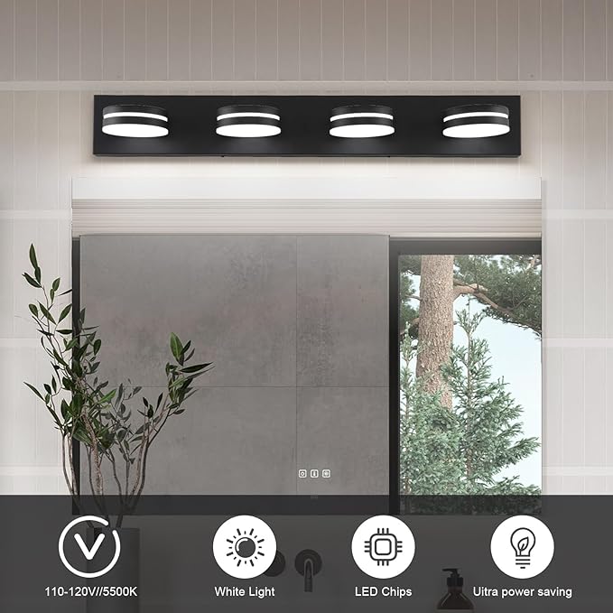 4 Light Bathroom Vanity Light, Modern Matte Black Bathroom Light Over Mirror, LED Vanity Lighting Fixture, Dimmable 5500K Bath Wall Lighting with 360°Rotable Head