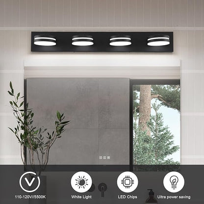 4 Light Bathroom Vanity Light, Modern Matte Black Bathroom Light Over Mirror, LED Vanity Lighting Fixture, Dimmable 5500K Bath Wall Lighting with 360°Rotable Head