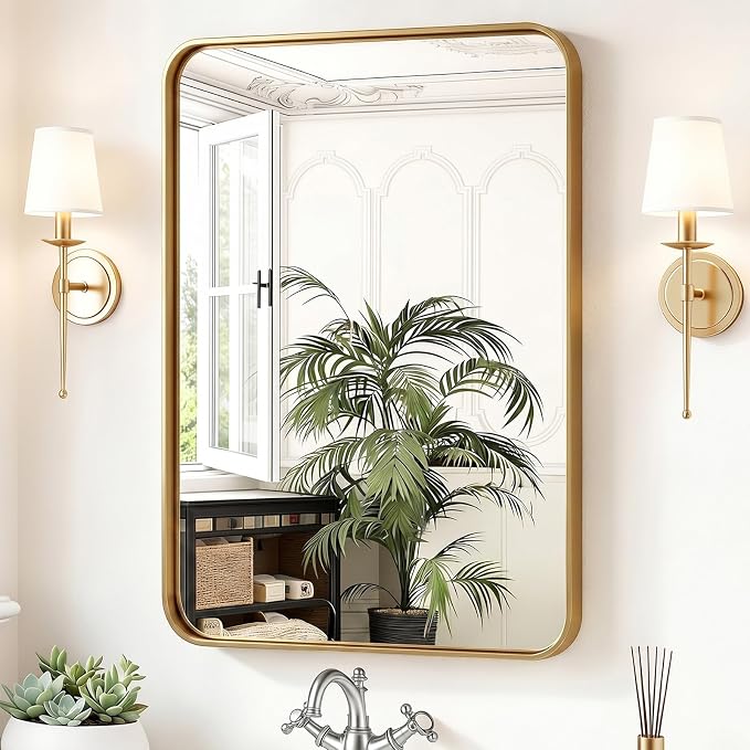 Sweetcrispy Bathroom Wall Mirror, 36x24 Inch Mirror for Over Sink, Gold | Modern Wall Mount Vanity Mirror, Rounded Rectangle with Matte Brush Metal Framed, for Home Decor, Living Room, Bedroom