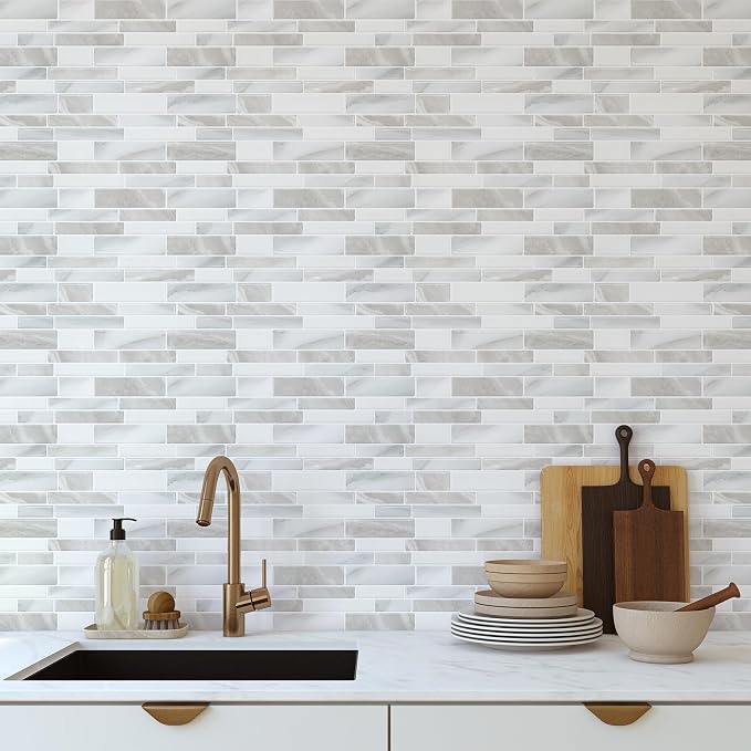 STICKGOO Thicker Design Peel and Stick Tile Backsplash, 12”×12” Stick on Backsplash for Kitchen, Self Adhesive Tile Stickers for Kitchen Backsplash and Bathroom(10 Sheets, Glossy Beige Gray White)