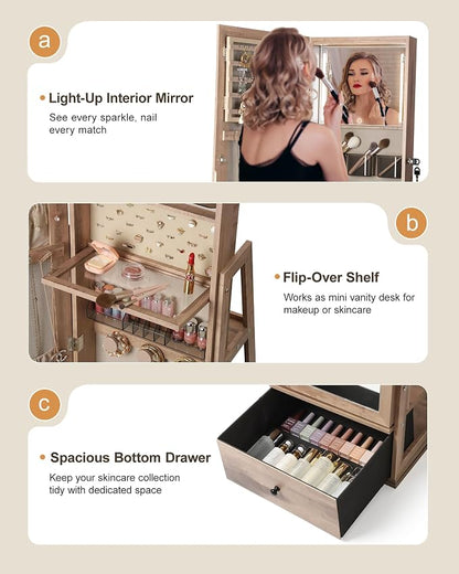 Nicetree 360° Swivel Jewelry Cabinet with Lights, Full Length Mirror, Oak | Standing Mirror Jewelry Cabinet, Lockable Mirror with Storage, Lighted Interior Mirror, Rear Shelves, Flip-over Shelf