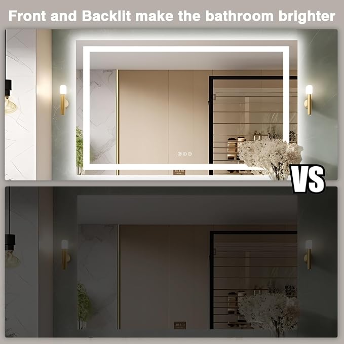 EchosLife 57"x36" Light Mirror for Bathroom | Backlit + Front Lit, Anti-Fog, Stepless Dimmable, 3 Colors, Memory, Tempered Glass, UL Listed, Horizontal/Vertical
