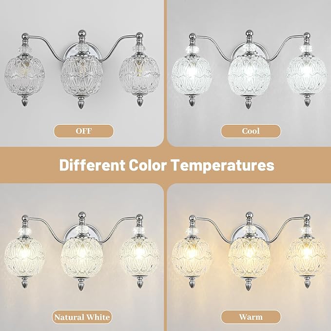 Brushed Chrome Bathroom Vanity Light, 3-Light Mid Century Modern Brushed Chrome Finish Wall Sconce with Globe Glass Shades, Modern Mirror Light for Bathroom, Powder Room