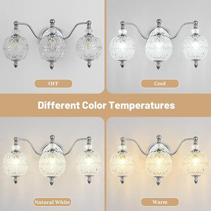 Brushed Chrome Bathroom Vanity Light, 3-Light Mid Century Modern Brushed Chrome Finish Wall Sconce with Globe Glass Shades, Modern Mirror Light for Bathroom, Powder Room