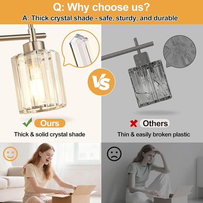 Modern Crystal Vanity Light Fixtures, 4-Light Brushed Nickel Bathroom Vanity Lighting Over Mirror, Bathroom Light Fixture with K9 Clear Crystal Shades for Bedroom, Living Room, Hallway