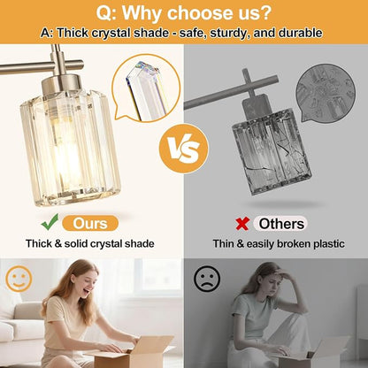 Modern Crystal Vanity Light Fixtures, 4-Light Brushed Nickel Bathroom Vanity Lighting Over Mirror, Bathroom Light Fixture with K9 Clear Crystal Shades for Bedroom, Living Room, Hallway