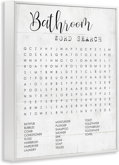 Art Piece 'Bathroom Word Search Family Fun', Framed Giclee Art, White, 11 x 14 - Sturdy Block Frame Ready to Hang -Proudly Made In USA (Johnston, RI) - Design By: Lil' Rue