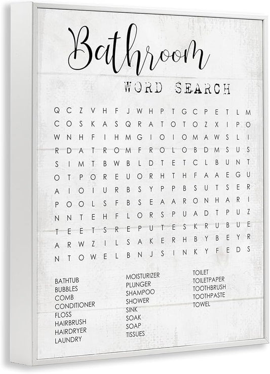 Art Piece 'Bathroom Word Search Family Fun', Framed Giclee Art, White, 11 x 14 - Sturdy Block Frame Ready to Hang -Proudly Made In USA (Johnston, RI) - Design By: Lil' Rue