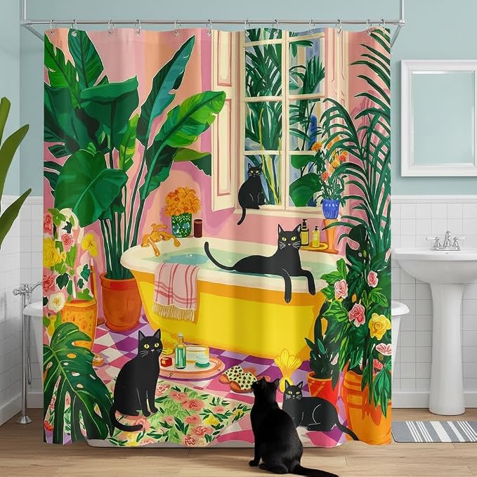 Accnicc Boho Cat Shower Curtain Cute Funny Black Cats Matisse Shower Curtains for Bathroom Green Tropical Plants Flowers Pink Yellow Decorative Waterproof Fabric Bath Curtain Decor 72 X 72 Inches