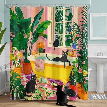 Accnicc Boho Cat Shower Curtain Cute Funny Black Cats Matisse Shower Curtains for Bathroom Green Tropical Plants Flowers Pink Yellow Decorative Waterproof Fabric Bath Curtain Decor 72 X 72 Inches