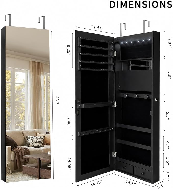 Lockable Jewelry Cabinet Organizer with Full Length Mirror, 6 Auto LED Lights, Wall & Over Door Mount Jewelry Armoire with Earring Slots, Necklace Hooks, Foldable Makeup Shelf