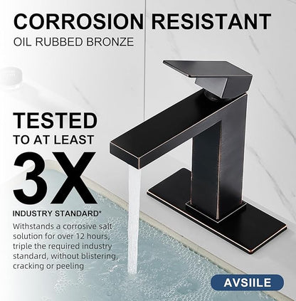 Oil Rubbed Bronze Bathroom Faucet, Single Hole Vanity Bath Faucet, Single Handle Modern Stainless Steel Bathroom Faucets for Sink 1 Hole with Pop Up Drain Stopper & Water Supply Hoses