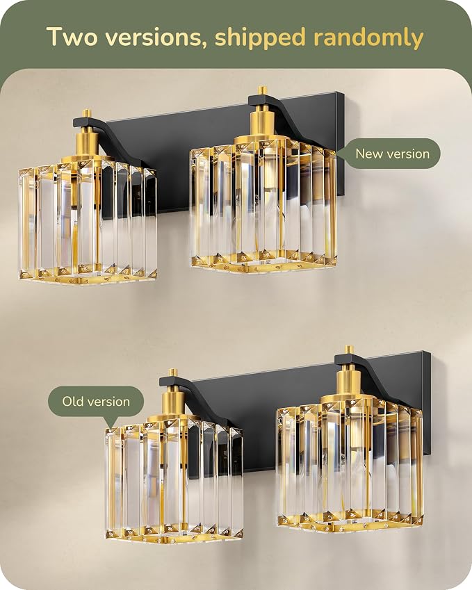 EDISHINE 2-Light Black Gold Bathroom Vanity Light, Crystal Wall Sconce, E26 | Up/Down Reversible, Modern Style, Black Gold Frame, Ideal for Bath, Powder Room