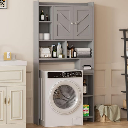 Shintenchi Over the Toilet Storage Cabinet, Bathroom Storage Cabient with Barn Doors, Bathroom Storage Shelf Organizer with Toilet Paper Holder, Adjustable Shelf and Anti-Tip Device, Gray