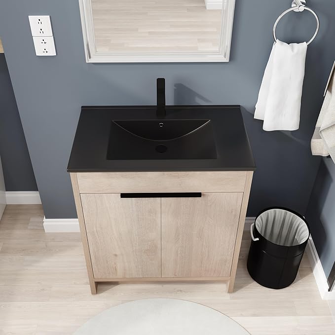 SSLine 30-Inch Bathroom Vanity with Sink Mid-Century Bathroom Vanities with Black Top Basin Floor Wood Bathroom Sink Cabinet with Soft-Close Doors & Adjustable Storage Shelves (Light Oak)