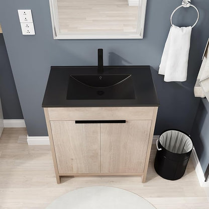 SSLine 30-Inch Bathroom Vanity with Sink Mid-Century Bathroom Vanities with Black Top Basin Floor Wood Bathroom Sink Cabinet with Soft-Close Doors & Adjustable Storage Shelves (Light Oak)