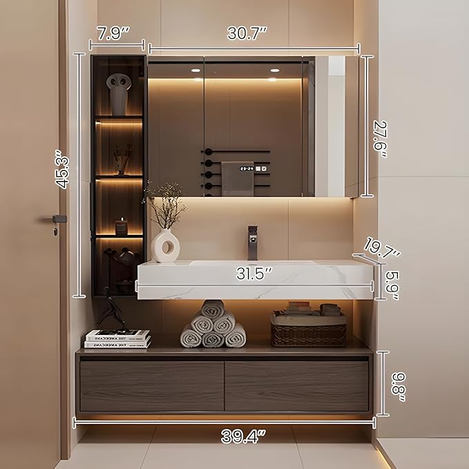 Bathroom Vanity, Floating Bathroom Sink Vanity, Modern Bathroom Vanities with Smart Defogging LED Mirror & Glass Side Cabinet, Wall Mounted Vanities for Restroom, Solid Wood (40in)