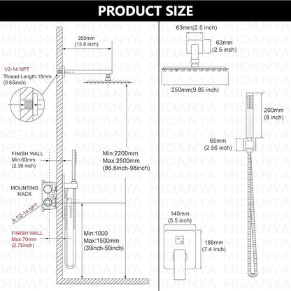 Midanya Shower Faucet Set,Wall Mount Shower System with Square Rain Shower Head and Hand Sprayer, Rough-in Valve Body and Trim Kit Included,10 Inch,Matte Black