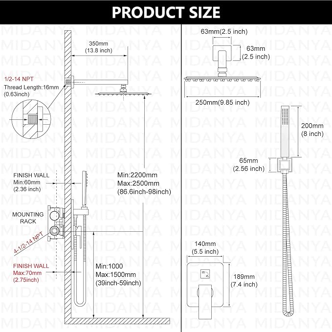 Midanya Shower Faucet Set,Wall Mount Shower System with Square Rain Shower Head and Hand Sprayer, Rough-in Valve Body and Trim Kit Included,10 Inch,Oil Rubbed Bronze