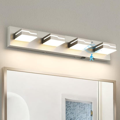 LED Modern Bathroom Vanity Light 4-Light with Motion Sensor Light, 25.5 inch 3CCT Dimmable Nickel Vanity Lights for Bathroom Lighting Fixtures Over Mirror, with 350° Rotatable Acrylic Heads
