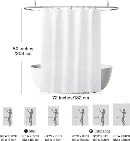 Extra Long White Textured Woven Fabric Boho Shower Curtain with Tassels 72 x 80 Modern Farmhouse Minimalist, Tufted Chevron Striped Shabby Chic, Water Resistant Cloth Curtain for Bathroom, Hotel Decor