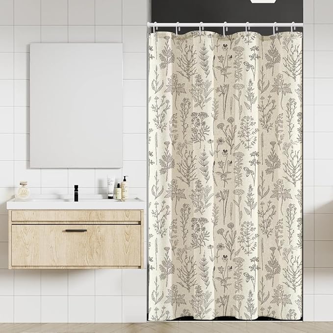 Coxila Linen Shower Curtain Stall Small Spring Farmhouse Floral Vintage Beige Neutral Half Narrow Single Walk in Stand up Heavy Duty Textured Toile Bathroom 36x72 Inch Polyester Fabric 7 Pack Hooks