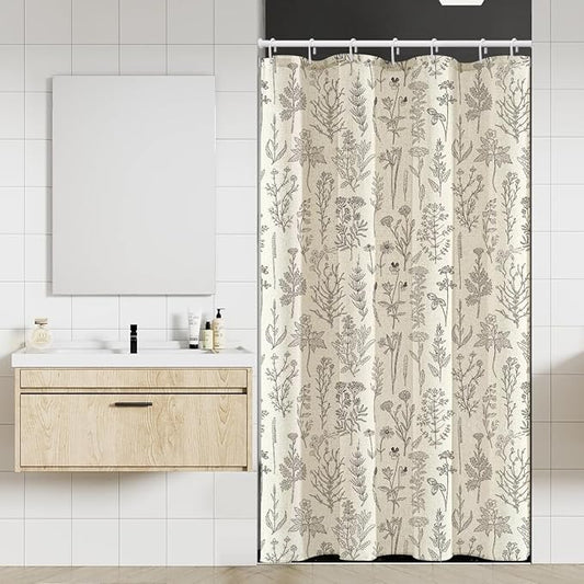 Coxila Linen Shower Curtain Stall Small Spring Farmhouse Floral Vintage Beige Neutral Half Narrow Single Walk in Stand up Heavy Duty Textured Toile Bathroom 36x72 Inch Polyester Fabric 7 Pack Hooks