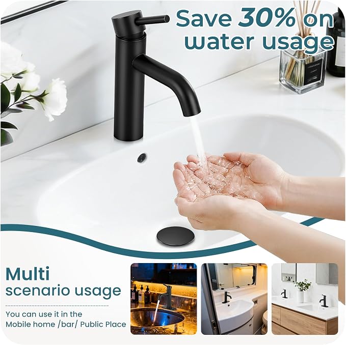Matte Black Bathroom Faucet Single Handle Bathroom Sink Faucet | with Pop-up Drain & Deck,Supply Hoses,Stainless Steel Bathroom Sink Faucet 1/3 Hole,Water-saving aerator,Fits home,RV