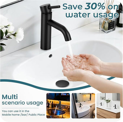 Matte Black Bathroom Faucet Single Handle Bathroom Sink Faucet | with Pop-up Drain & Deck,Supply Hoses,Stainless Steel Bathroom Sink Faucet 1/3 Hole,Water-saving aerator,Fits home,RV