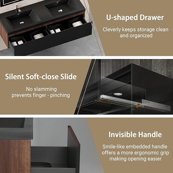 60'' Modern Floating Bathroom Vanity Sink Combo, Wall-Mounted Striped Cabinet, Soft-Close Drawers, Double Quartz Sand Basins, Smoked Walnut - Spacious & Stylish