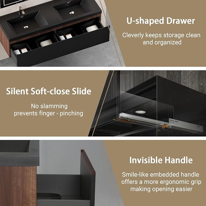 72" Floating Bathroom Vanity with Double Sink, Wall-Mounted Smoked Walnut Storage Cabinet, Wave-Textured Soft-Close Drawer & Matte Black Quartz Sand Basin