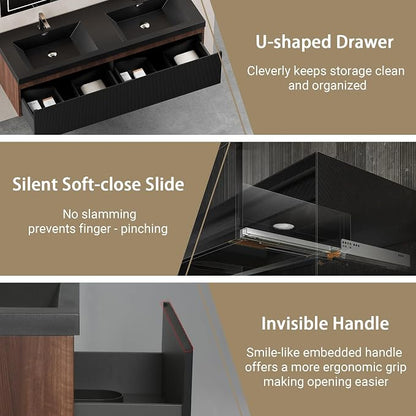 72" Floating Bathroom Vanity with Double Sink, Wall-Mounted Smoked Walnut Storage Cabinet, Wave-Textured Soft-Close Drawer & Matte Black Quartz Sand Basin