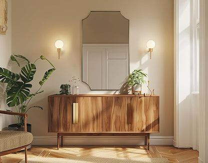Gold Scalloped Rectangle Mirror, 24x40 Inch Rectangle Bathroom Mirror, Accent Rectangular Mirror with Scalloped Edge Corner, Brass Bathroom Mirror with Anti-Rust Finish, Horizontal/Vertical