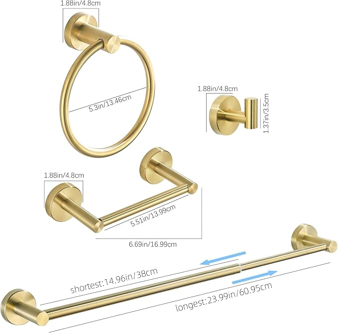 4 Pieces Brushed Gold Bathroom Hardware, Accessories Set Includes 15 to 24 Inch Adjustable Towel Bar Double Post Toilet Paper Holder Towel Ring Robe Hook Wall Mount Hand Towel Holder