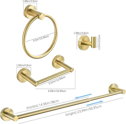 4 Pieces Brushed Gold Bathroom Hardware, Accessories Set Includes 15 to 24 Inch Adjustable Towel Bar Double Post Toilet Paper Holder Towel Ring Robe Hook Wall Mount Hand Towel Holder