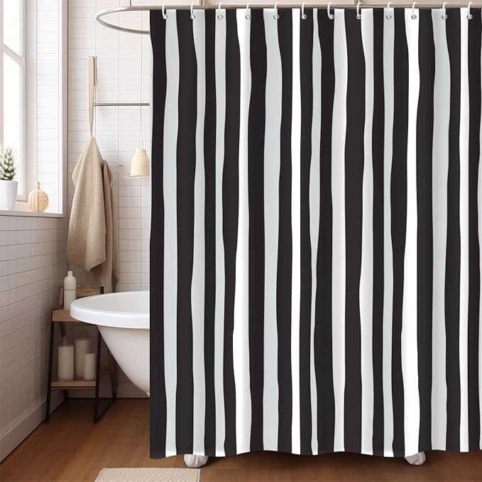 Black and White Shower Curtain, Striped Boho Minimalist Modern Waterproof Fabric Machine Washable for Bathroom Bathtub with Hooks 72x72