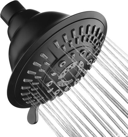 BRIGHT SHOWERS High Pressure Rain Shower Head, Fixed Shower Head with 5 Spray Settings, Adjustable Angle and Anti-Clog Nozzles, Matte Black