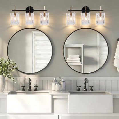 3-Light Bathroom Vanity Lights Over Mirror, Black and Gold Bathroom Light Fixture with Clear Glass Shade, Modern Bathroom Wall Sconce Lighting for Mirror, Living Room, Adjustable (E12)