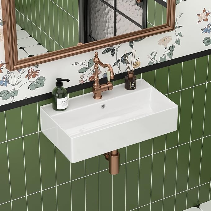 21x12 Wall Mounted Bathroom Sink | Ceramic, Floating, ADA Compliant, Rectangular Shape, Easy to Clean, Ideal for Bathroom, Lavatory, Vanity
