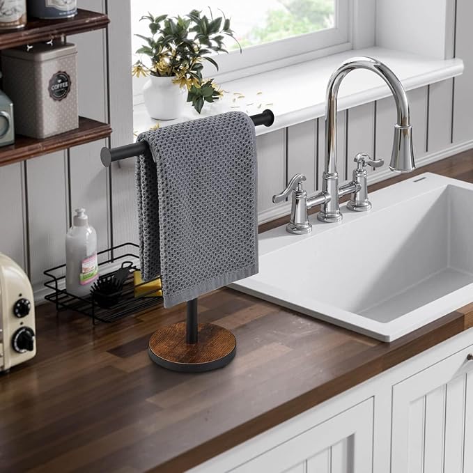 Hand Towel Holder Stand, Countertop Towel Stand for Bathroom | T-Shaped Kitchen Towel Rack with Weighted Wood Base, Western Bathroom Decor, Rustic Black and Brown