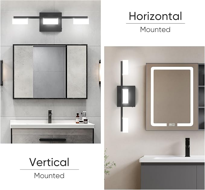 LED Modern Bathroom Light Fixtures Over Mirror, 3-Light Dimmable Vanity Lights, Matte Black Acrylic Bathroom Vanity Light, 2700K-6500K Adjustable, ETL Certificated