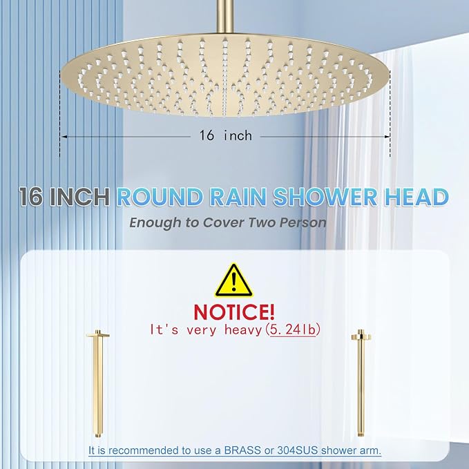 16 inch Brushed Gold Round Rain Shower Head, All Metal Stainless Steel 304, Ultra Thin Design, Full Body Rainfall Shower with 230 Silicone Nozzles