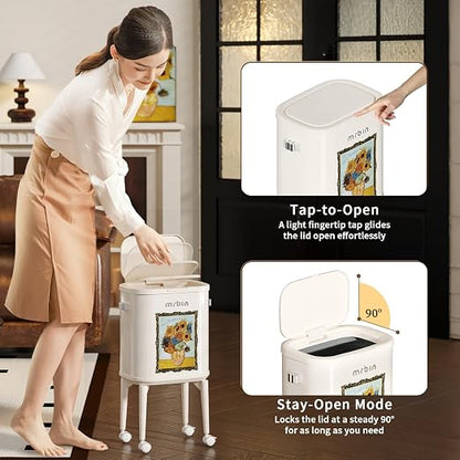 MRBIN Metal Slim Bathroom Trash Can with Legs and Wheels, 15L / 4gal Toilet Press Lid Waste Basket, Covered Office Garbage Pail for Near Desk, Narrow Vanity, Rvs, Kitchen, Sunflower