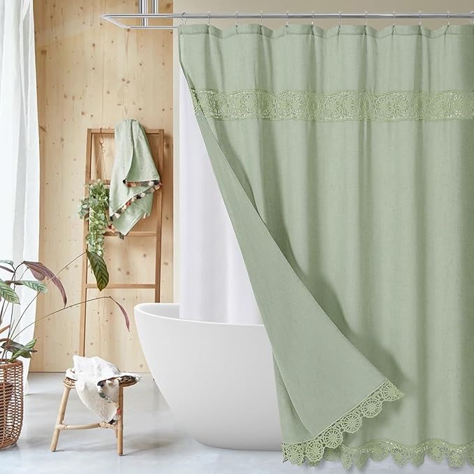 Linen Boho Lace Shower Curtain Liner Set 72x72 | Farmhouse Shower Curtain with Macrame Decor, Bohemian Cotton French Country Bath Curtain , Green