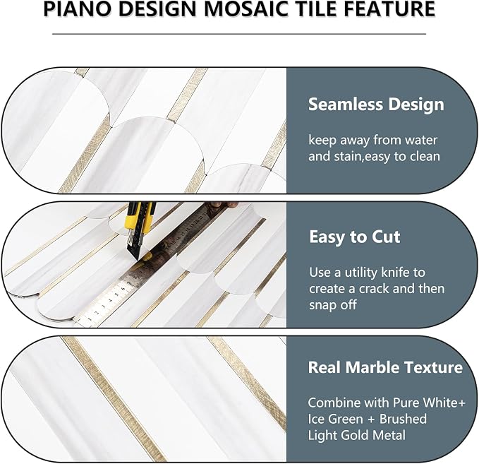 Vamos Tile Peel and Stick Backsplash Seamless Tile,1-Sheet Stick on Backsplash for Kitchen,Dolomite Gray and White+Light Gold Metal Self Adhesive PVC Tiles（Sample）