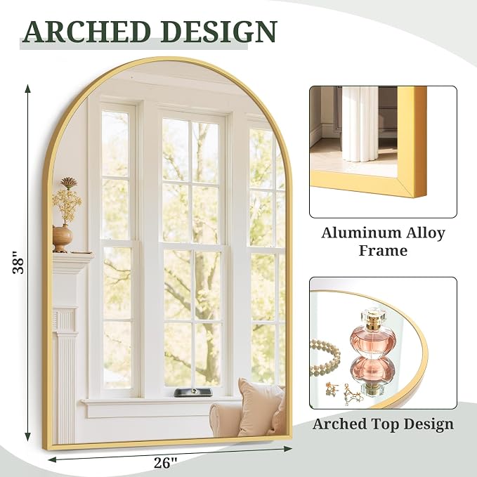 Arched Wall Mirror 38x26 Inch Gold Bathroom Vanity Mirror with Metal Frame | Modern Arch Mirror for Bedroom, Living Room, Entryway, Wall Mounted Decorative Mirror