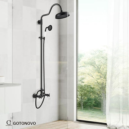 gotonovo Exposed Shower Faucet Set Luxury,Oil Rubbed Bronze,Curved Arc Rod | Bathroom 8” Shower Head with Handheld Spray System Fixtures,Vintage Two Cross Handle,Wall Mount,for 5-6.7" Hole,Adjust Height