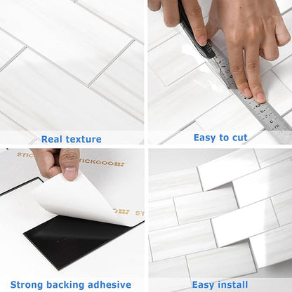 STICKGOO 10-Sheet Backsplash Peel and Stick Subway Tile(Thicker Design, Glossy Dolomite White)